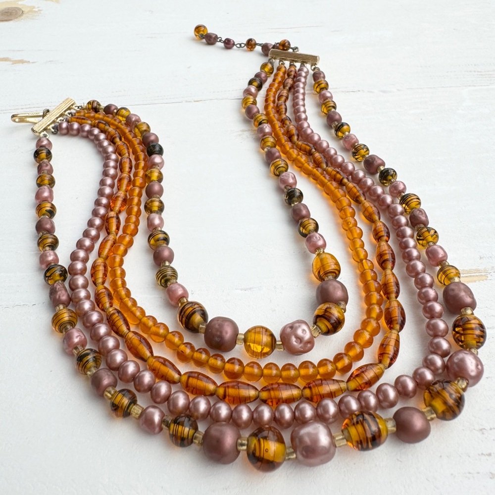 Exquisite Vintage Multi Strand Glass Pearl Collar Necklace Signed Japan 1950s